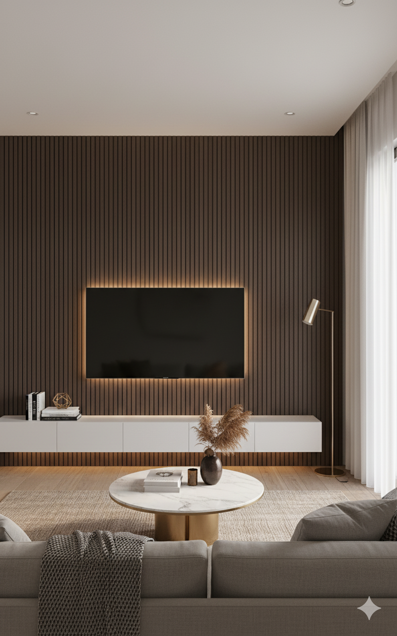 3D Fluted Wall Panel - Dark Walnut Faux Wood Grain (Vertical Slats)