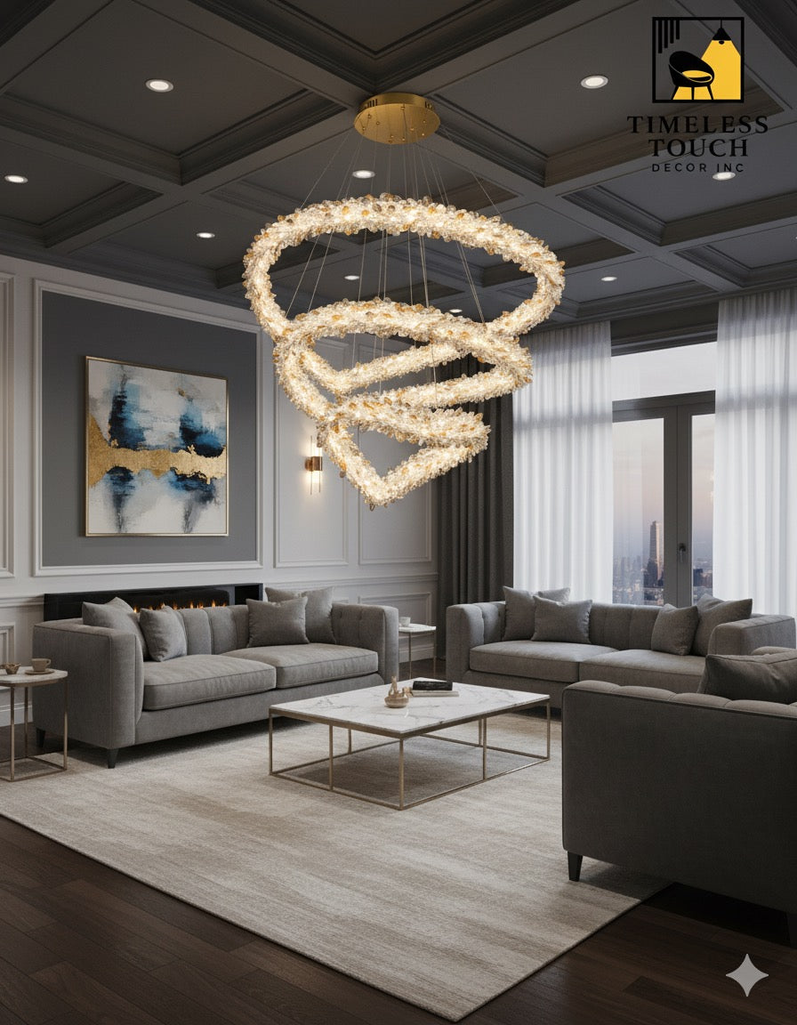 Luxury Three-Ring Abstract Crystal Waterfall Chandelier (Amber & Gold)