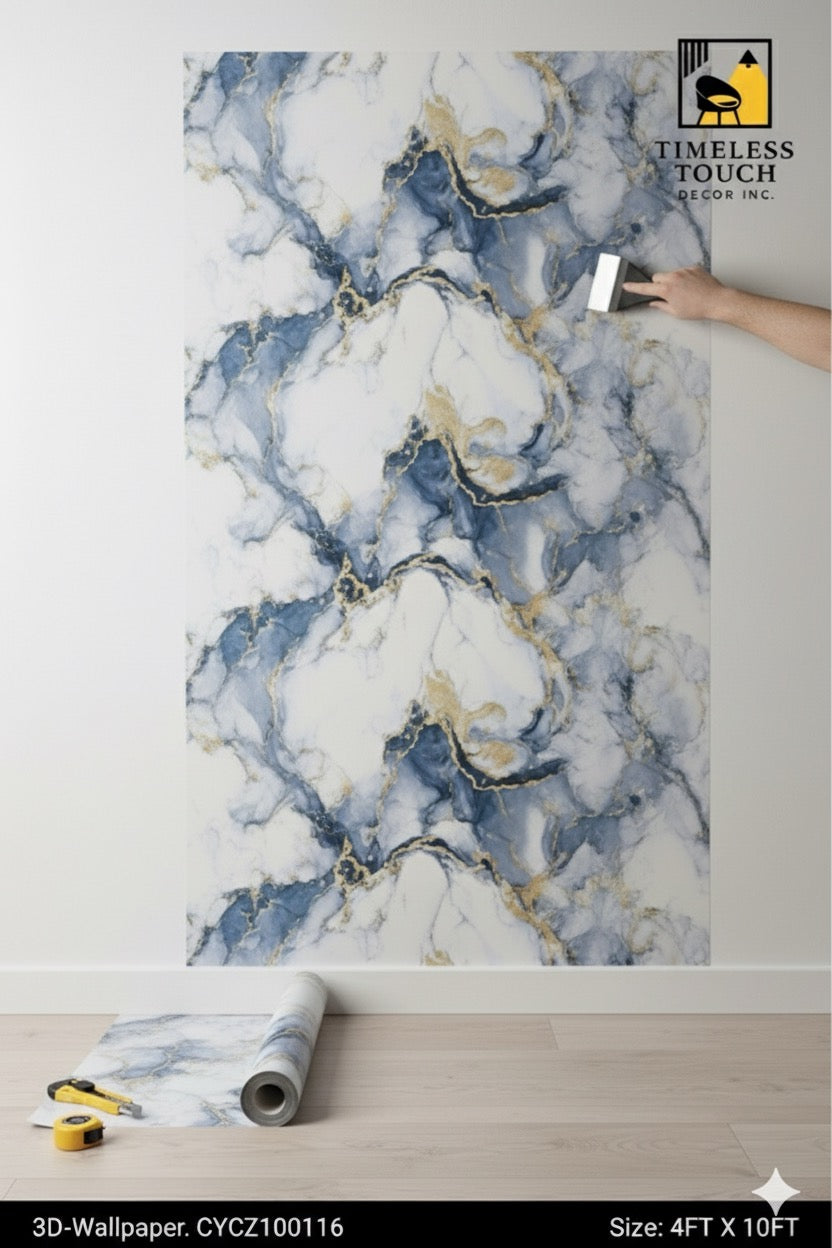 3D High-Contrast White Marble Wallpaper with Black & Gold Veins (4 FT x 10 FT Panel)