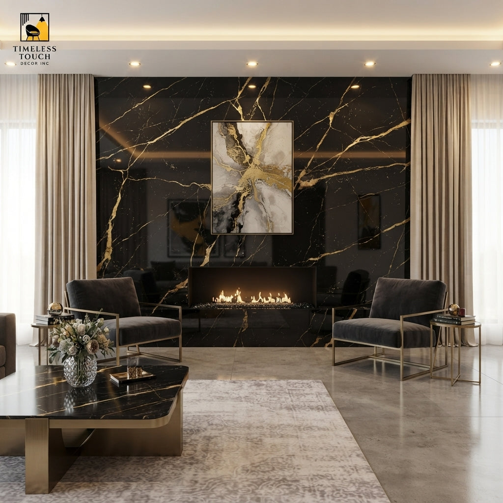 Black Portoro Gold Vein UV Marble Sheet (9ft x 4ft)