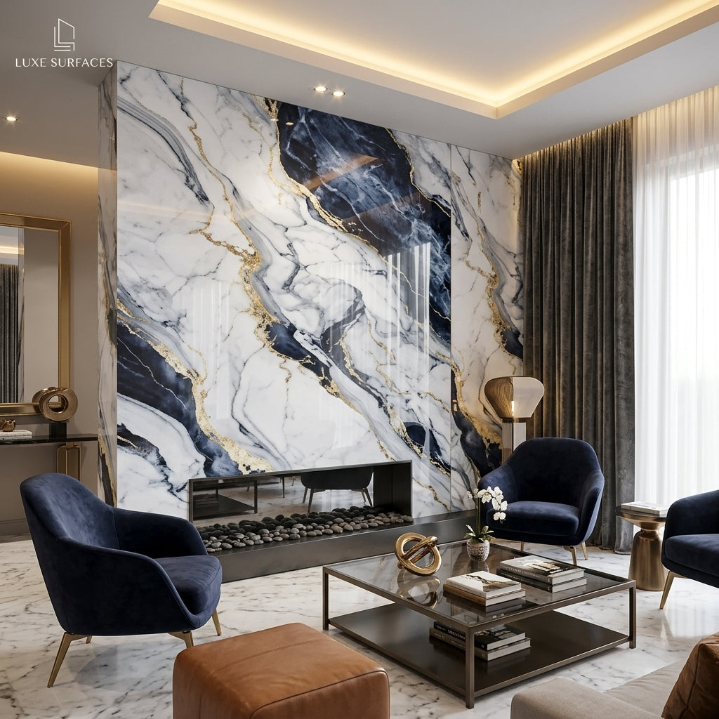 Timeless Touch UV Marble Sheet – 4' x 9' Royal Black & Gold