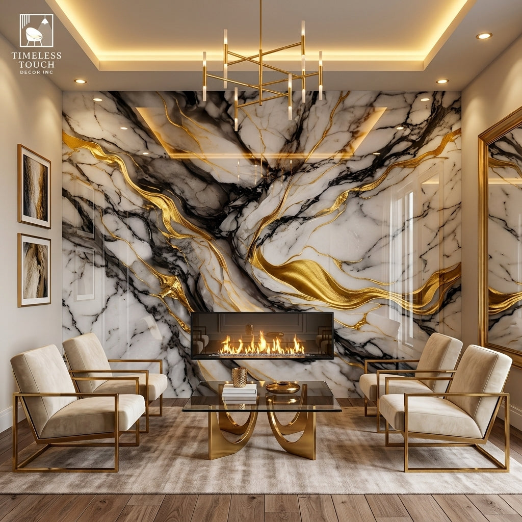 Gold Wave & Black Veined UV Marble Sheet (9ft x 4ft)
