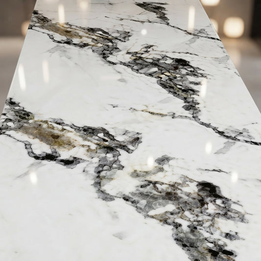 White Breccia Charcoal & Gold UV Marble Sheet (4ft x 9ft)