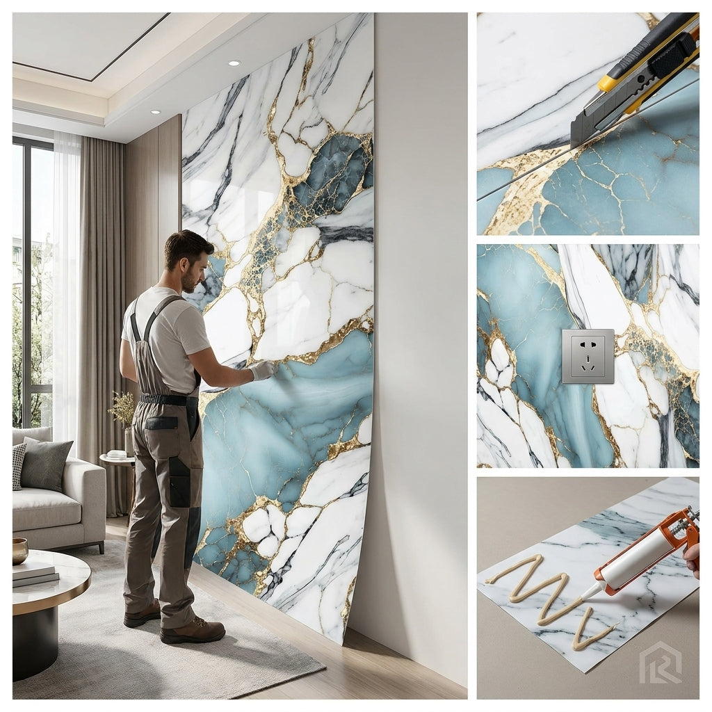Timeless Touch UV Marble Sheet – 4' x 9' Turquoise Calacatta Gold