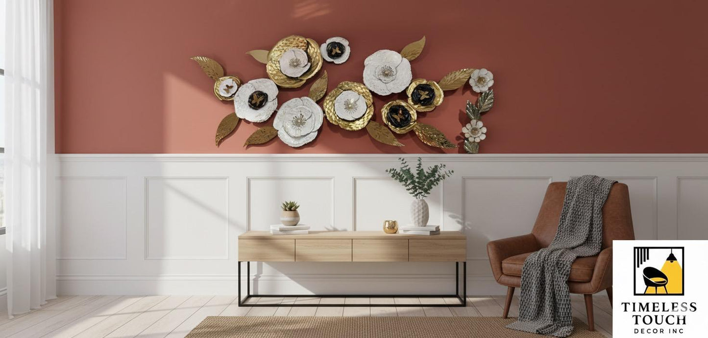 Glam White, Black, and Gold Floral Metal Wall Art