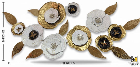 Glam White, Black, and Gold Floral Metal Wall Art