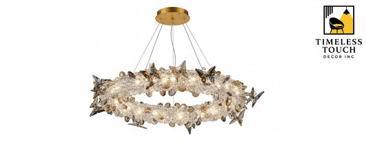 Luxury Amber Crystal Ring Chandelier with Fluttering Butterflies