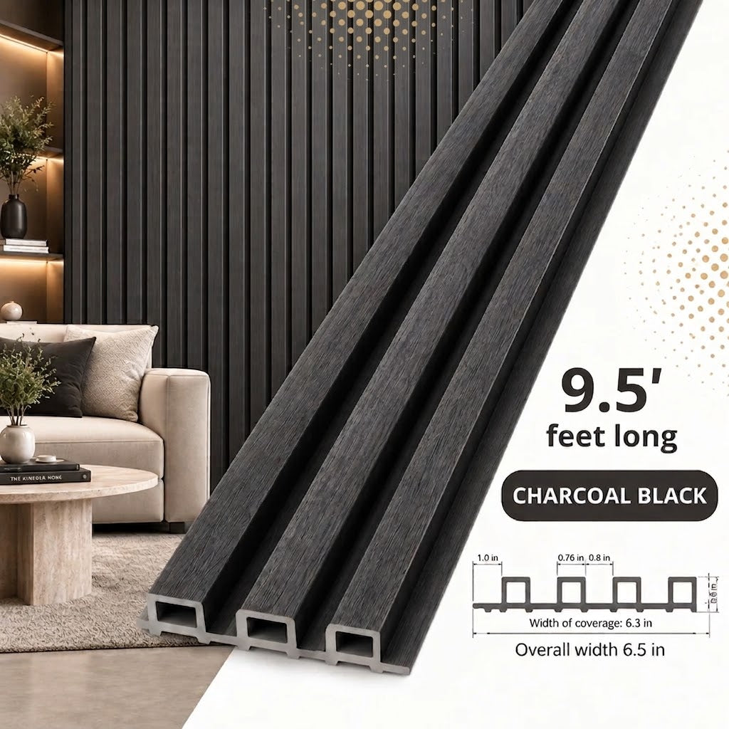 3D Fluted Wall Panel - Deep Charcoal Black Faux Wood Grain (Vertical Slats)