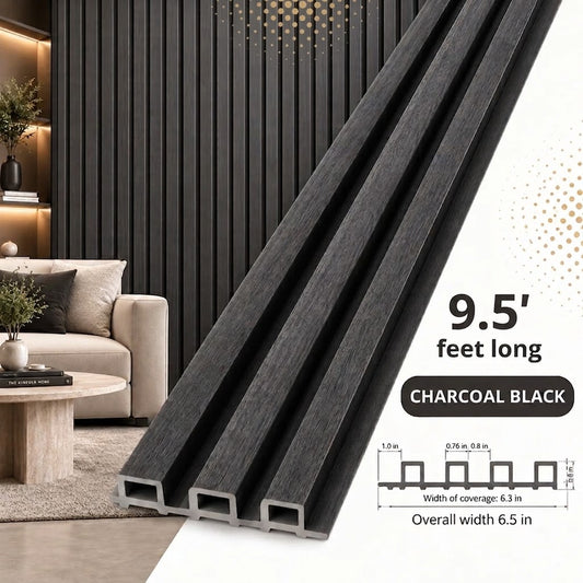 3D Fluted Wall Panel - Deep Charcoal Black Faux Wood Grain (Vertical Slats)
