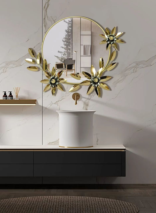 Luxury Gold 3D Floral Wreath Round Accent Mirror