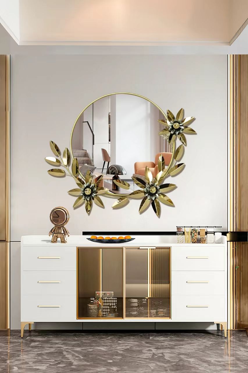 Luxury Gold 3D Floral Wreath Round Accent Mirror