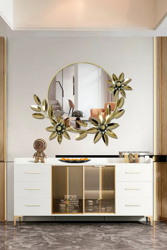 Luxury Gold 3D Floral Wreath Round Accent Mirror