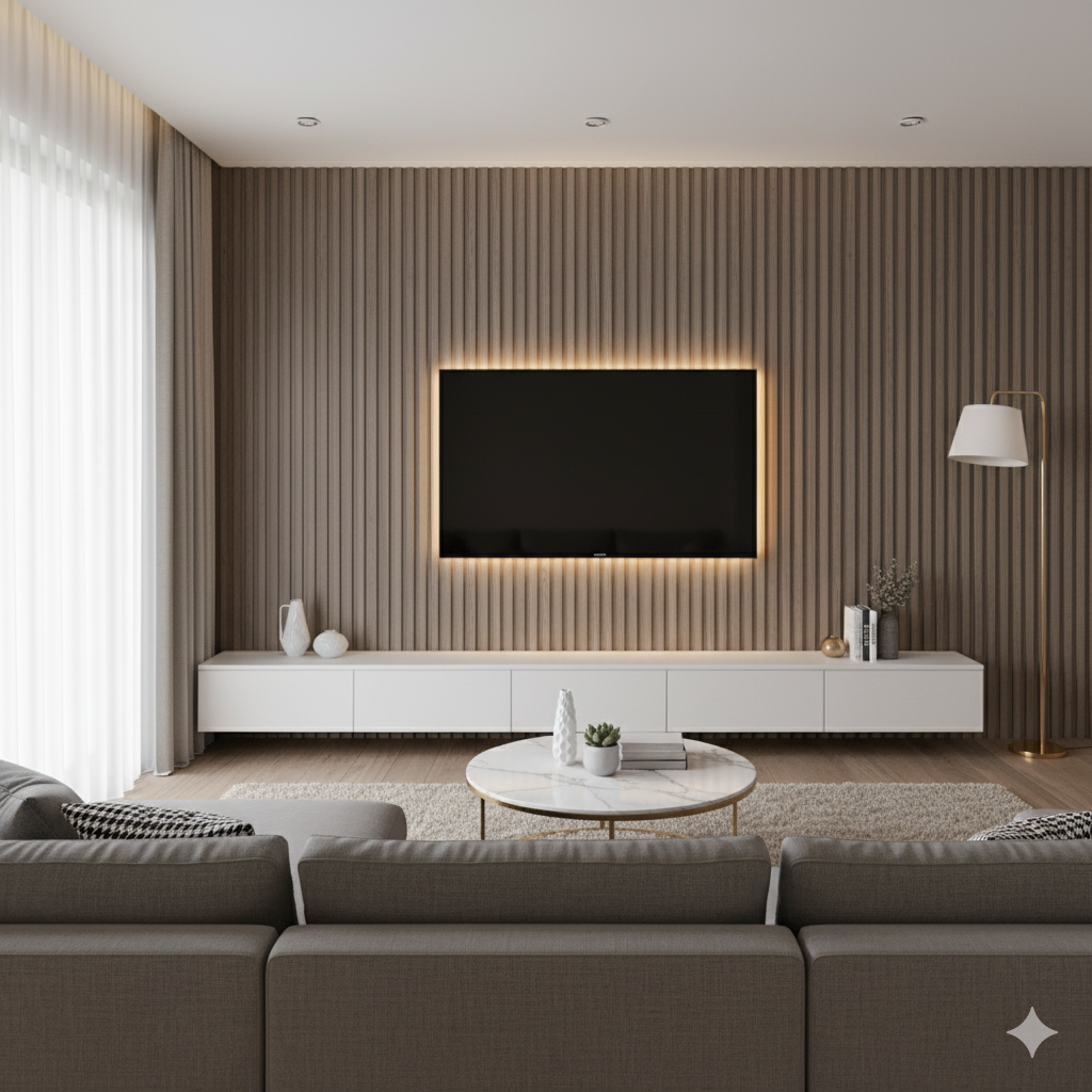 3D Fluted Wall Panel - Light Taupe Faux Wood Grain (Vertical Slats)