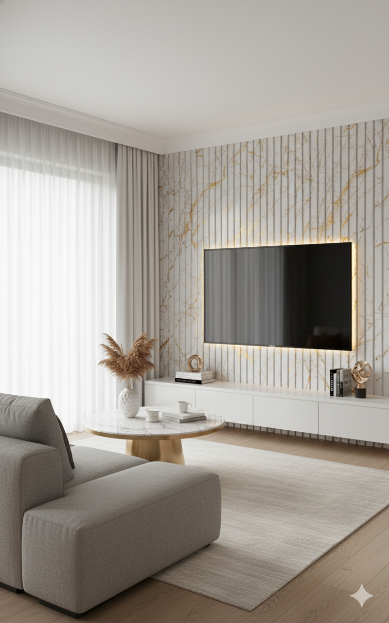 Luxury White Fluted Wall Panel with Metallic Gold Veining (Marble Effect)