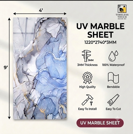 Timeless Touch UV Marble Sheet – 4' x 9' Blue Abstract