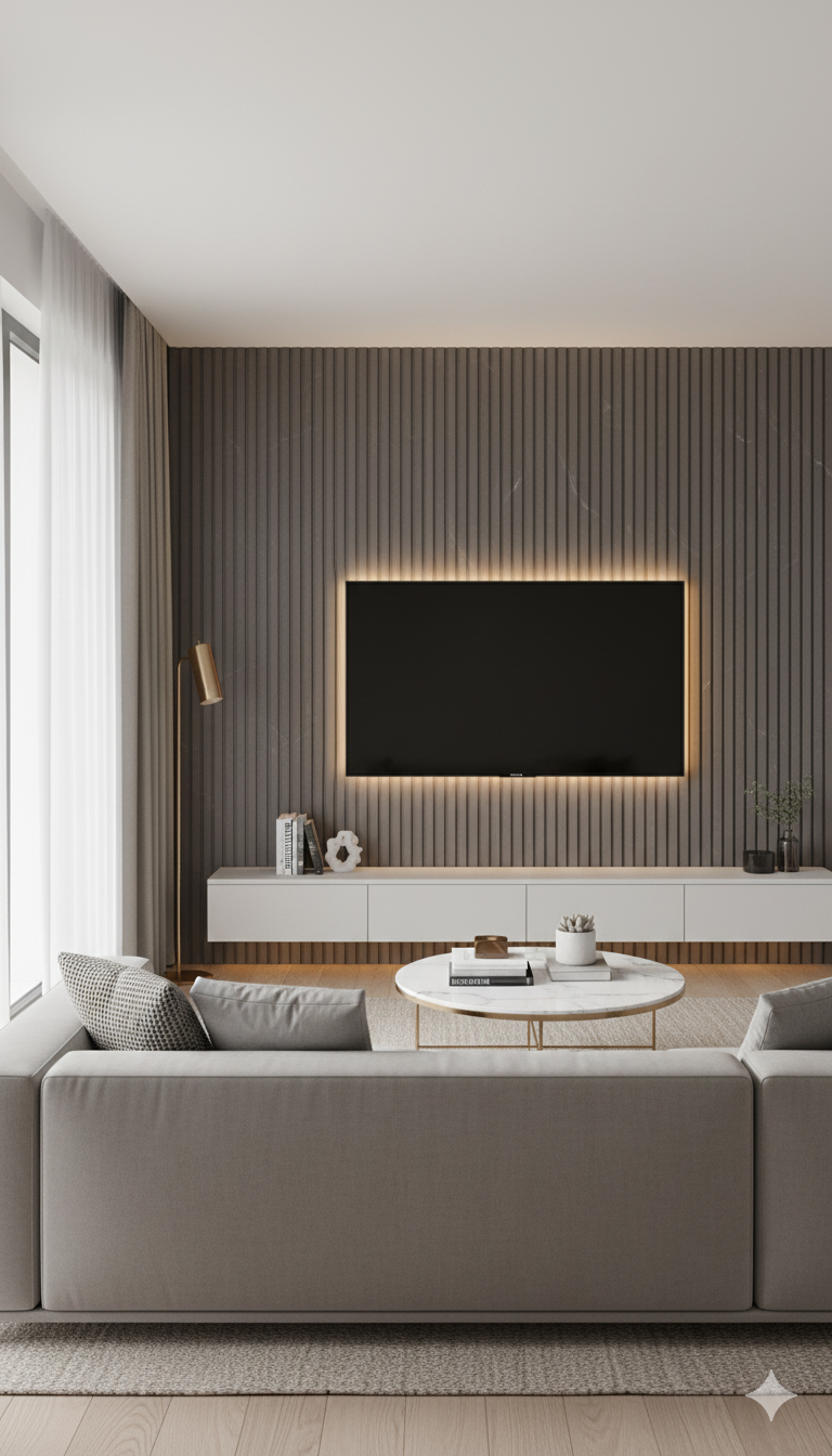 Modern Charcoal Fluted Wall Panel with Marble Veining (Vertical Slats)