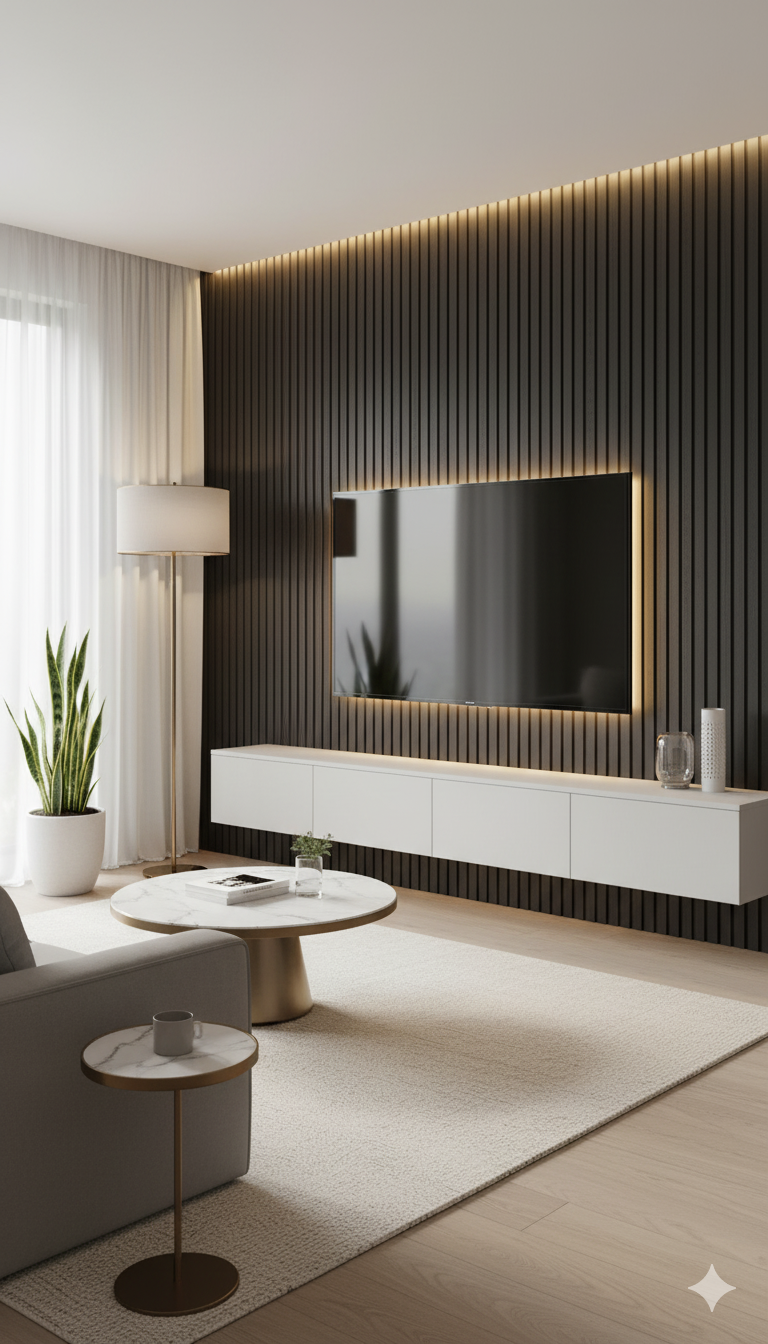 3D Fluted Wall Panel - Deep Charcoal Black Faux Wood Grain (Vertical Slats)