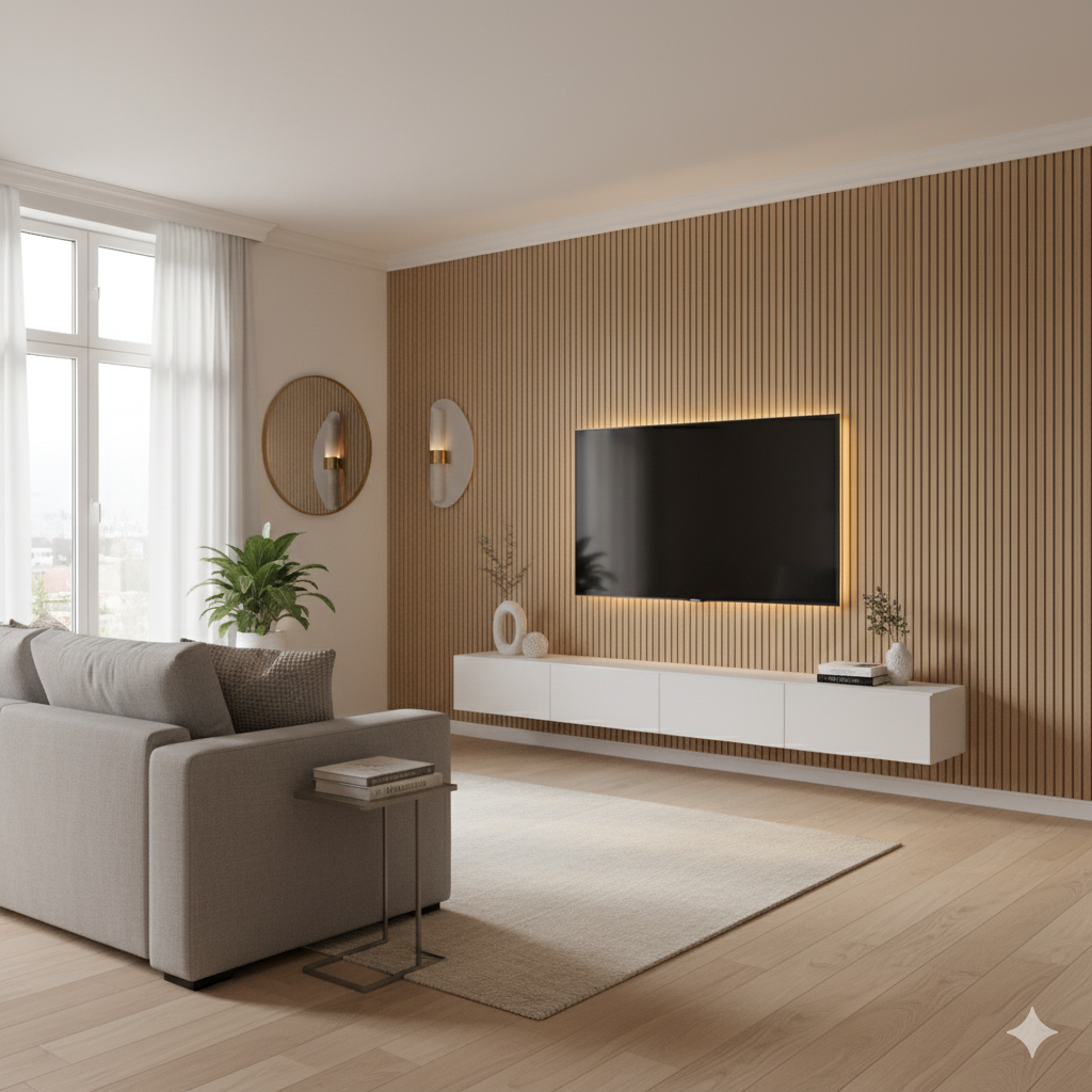 3D Fluted Wall Panel - Natural Teak Faux Wood Grain (Vertical Slats)