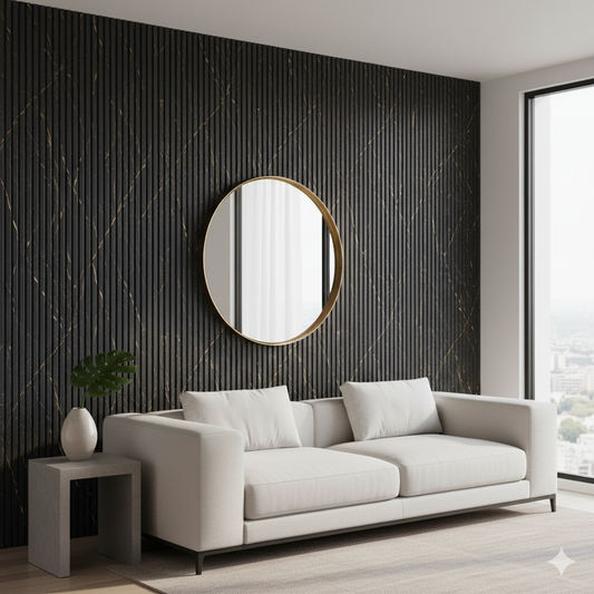 Luxury Black Fluted Panel with Abstract Gold Marble Veining
