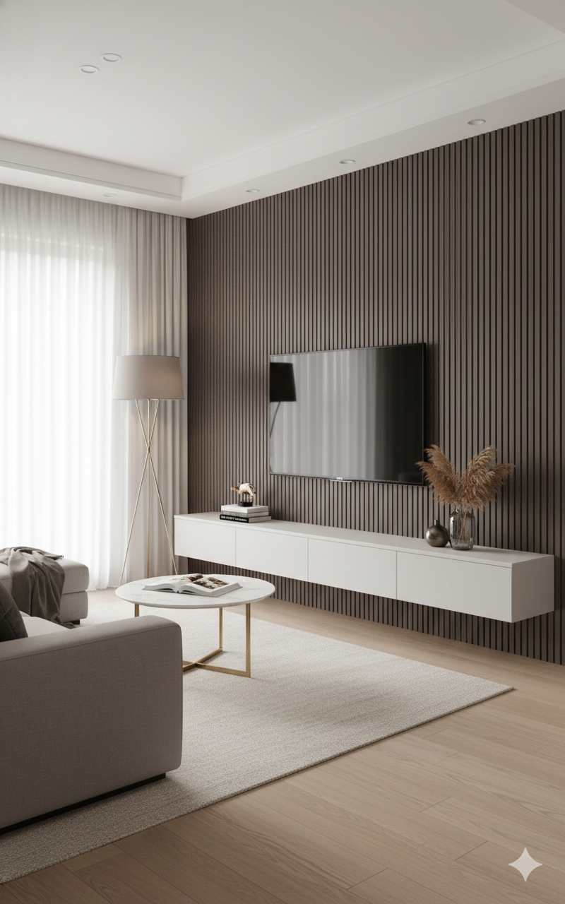 Modern White Fluted Wall Panel with Silver Marble Veining (Vertical Slats)