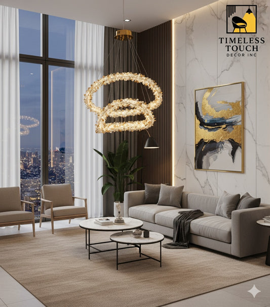 Luxury Interlocking Amber Crystal Ring Chandelier (Gold Finish)