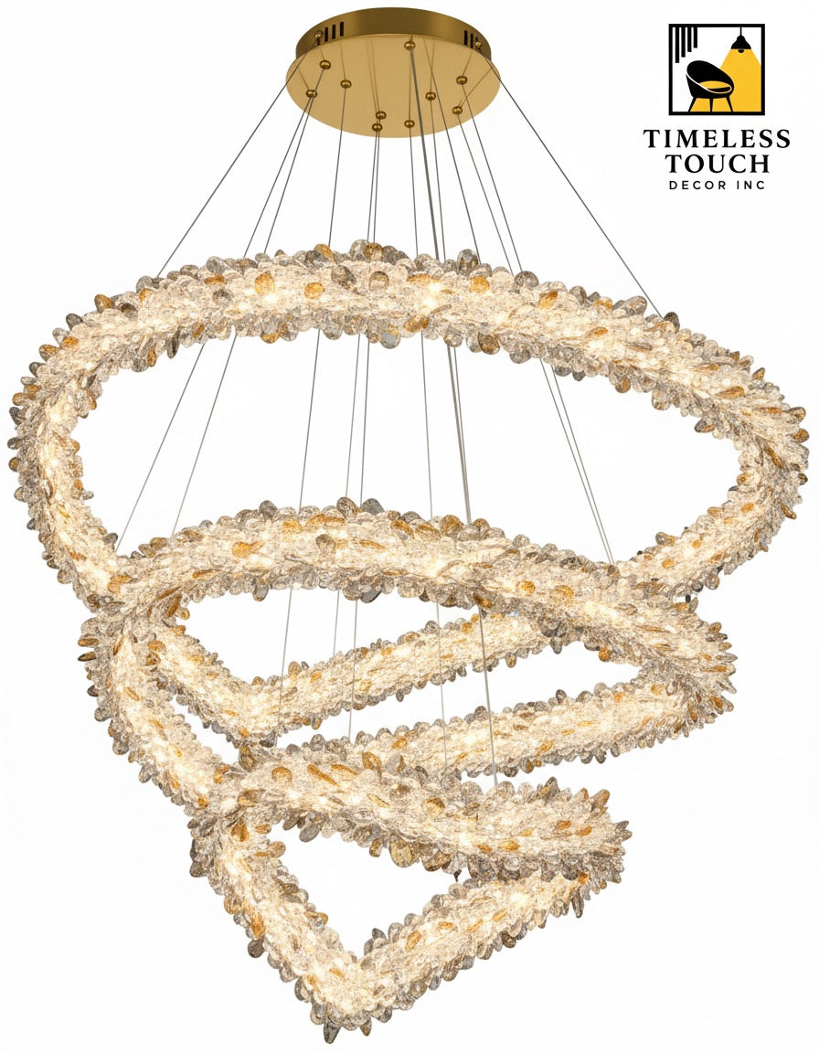 Luxury Three-Ring Abstract Crystal Waterfall Chandelier (Amber & Gold)