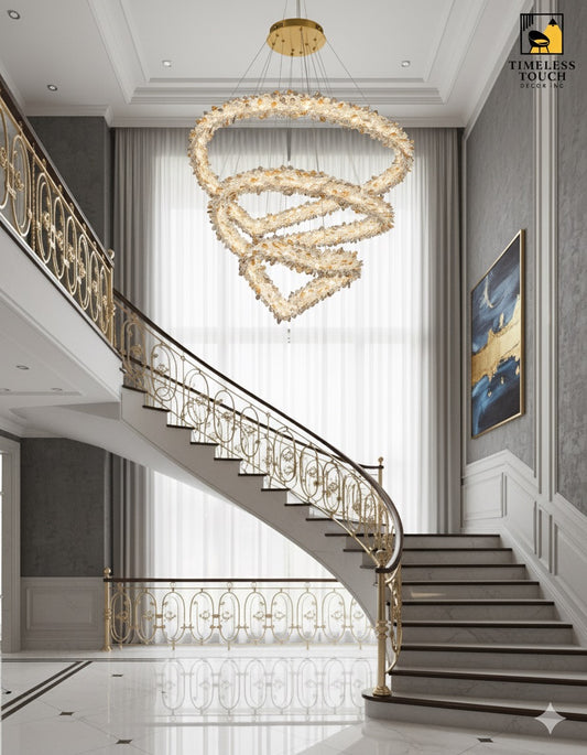 Luxury Three-Ring Abstract Crystal Waterfall Chandelier (Amber & Gold)