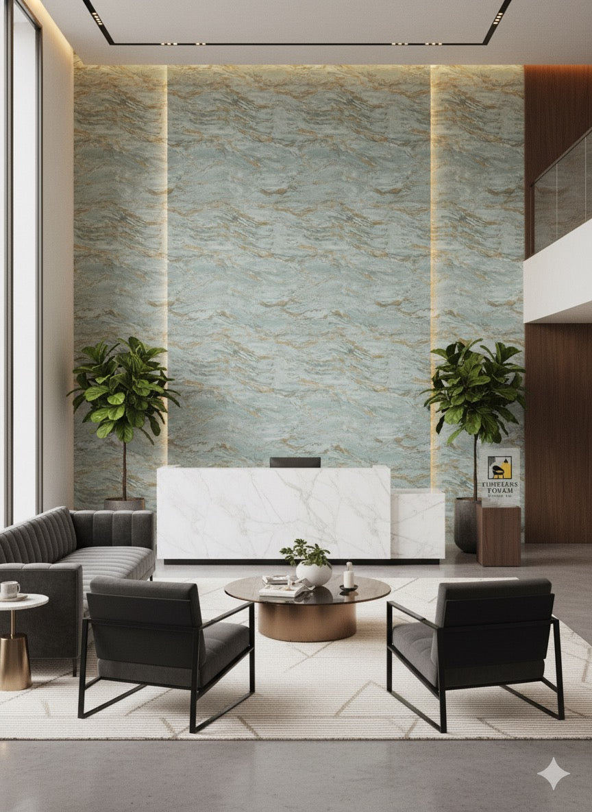 Luxury Blue-Gray Marble Peelable Wallpaper with Gold Veins (1.75 FT x 32 FT Roll)