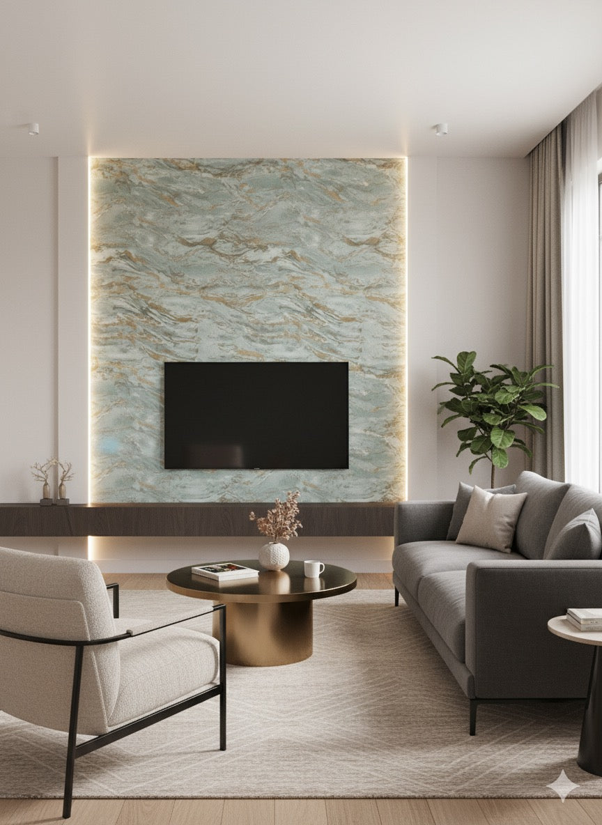 Luxury Blue-Gray Marble Peelable Wallpaper with Gold Veins (1.75 FT x 32 FT Roll)