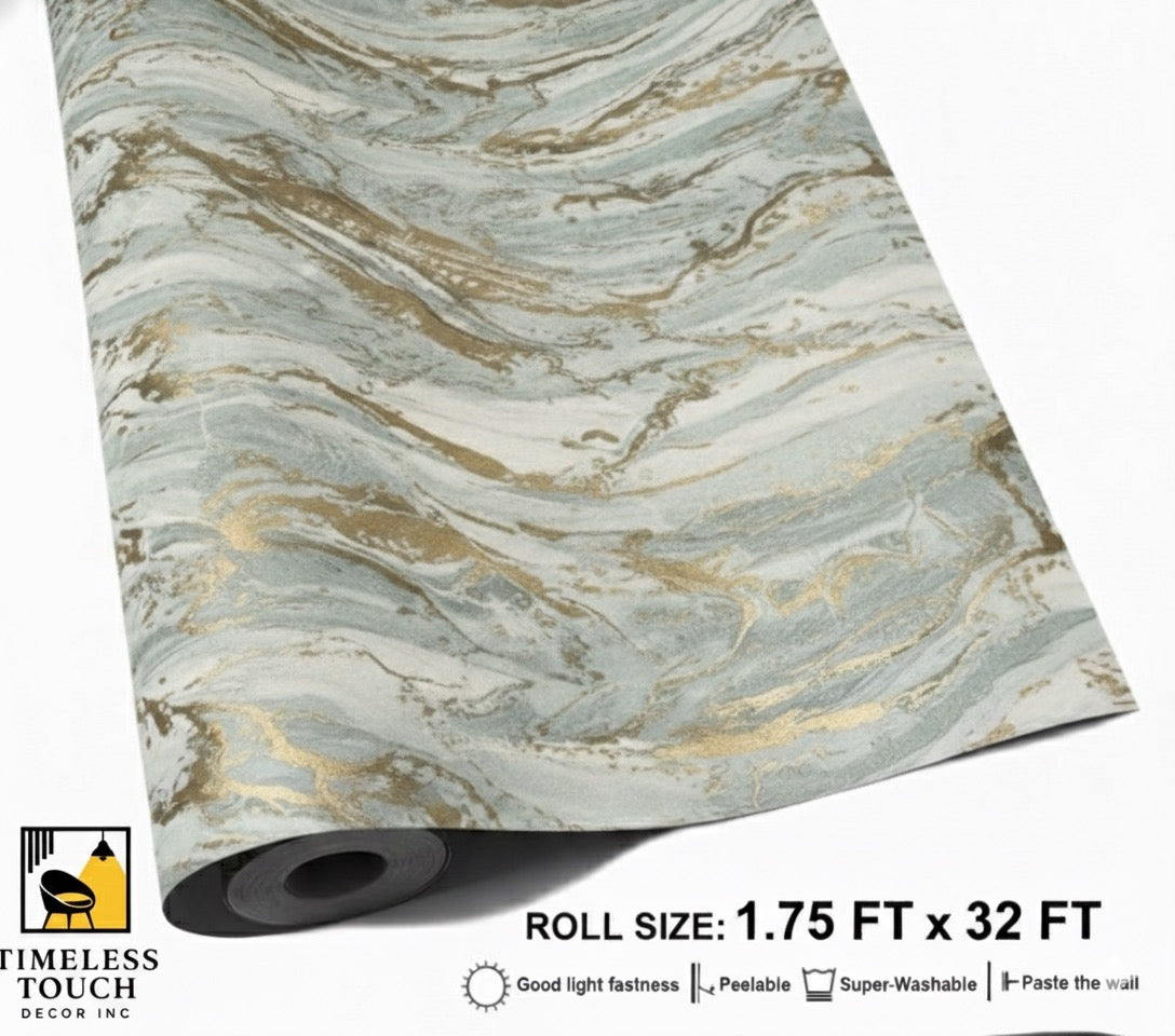 Luxury Blue-Gray Marble Peelable Wallpaper with Gold Veins (1.75 FT x 32 FT Roll)