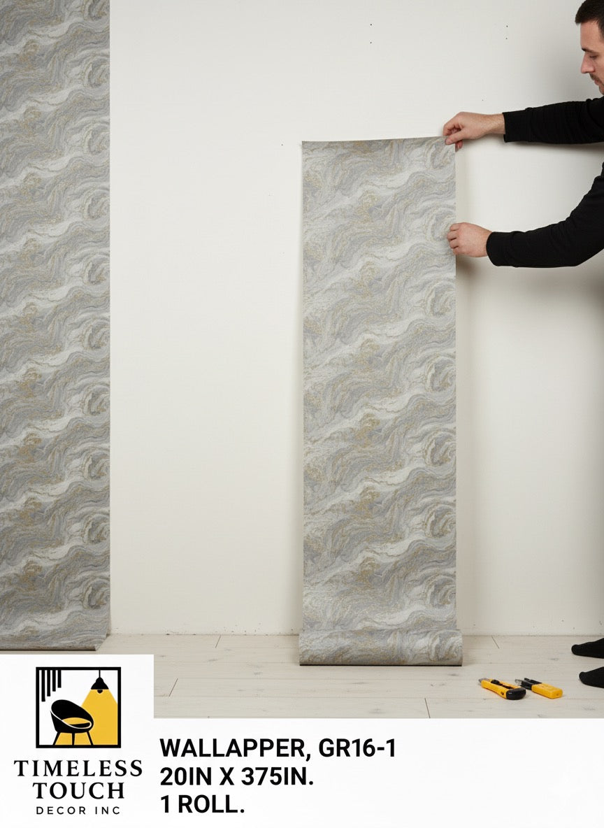 Luxury Geometric Mosaic Wallpaper with Metallic Outline (Gray Marble Texture)
