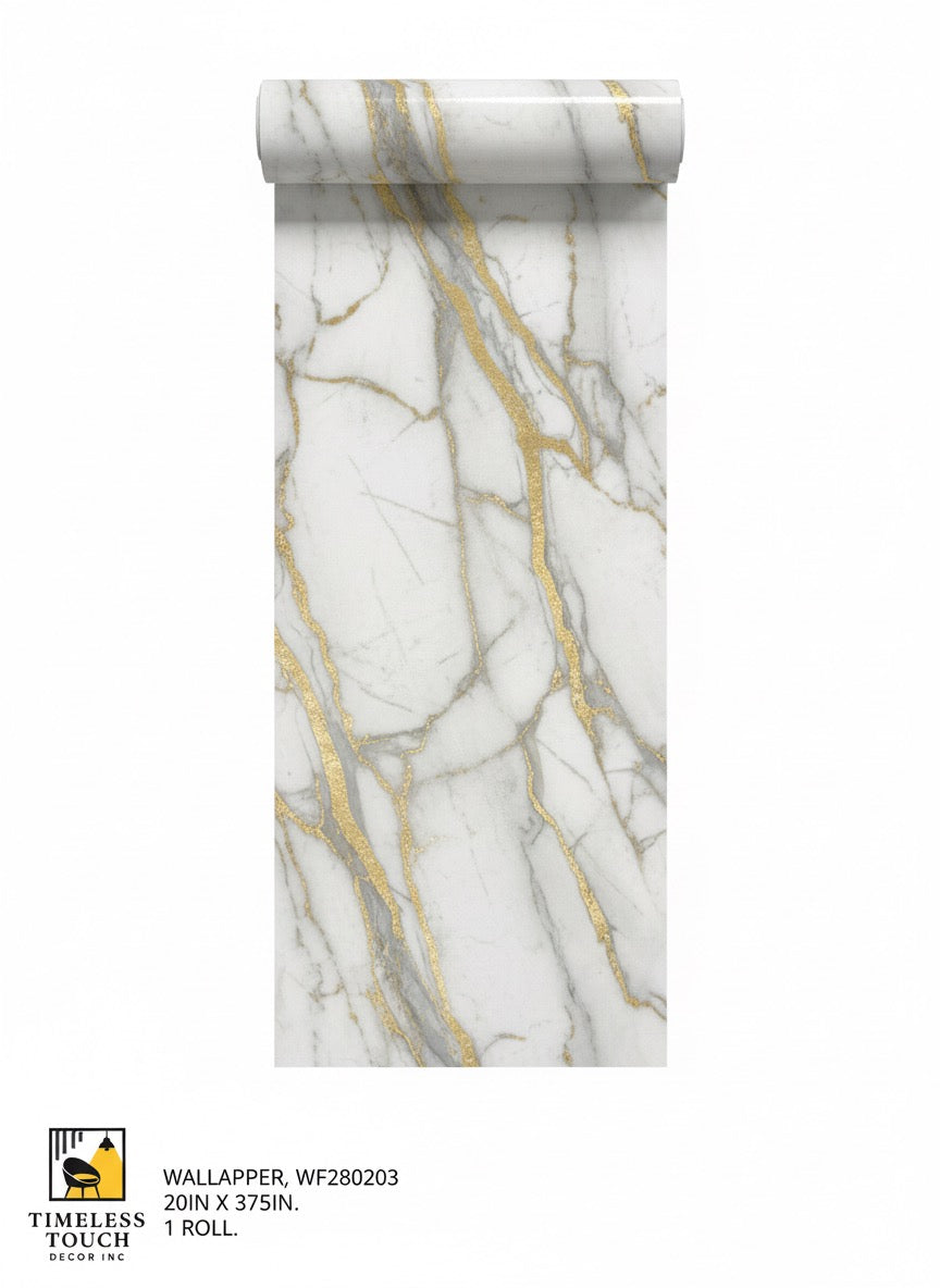 Luxury White Marble Wallpaper with Gold & Gray Veining (20IN x 375IN Roll)