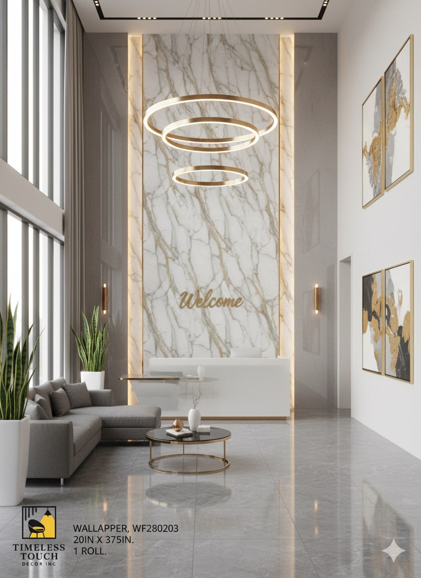 Luxury White Marble Wallpaper with Gold & Gray Veining (20IN x 375IN Roll)