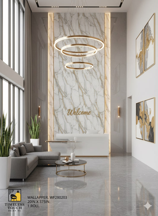 Luxury White Marble Wallpaper with Gold & Gray Veining (20IN x 375IN Roll)