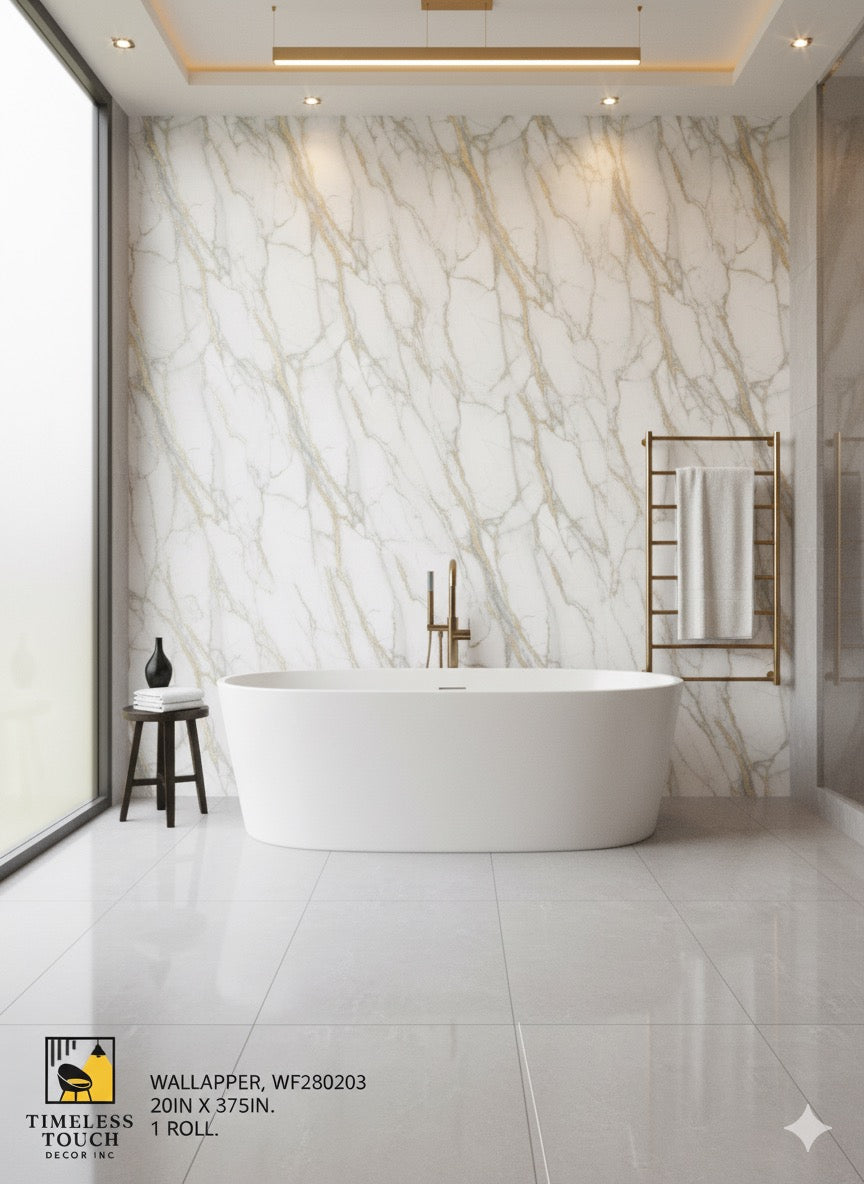 Luxury White Marble Wallpaper with Gold & Gray Veining (20IN x 375IN Roll)