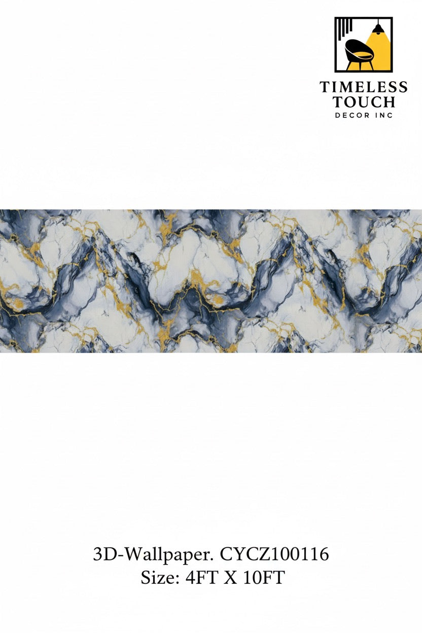3D High-Contrast White Marble Wallpaper with Black & Gold Veins (4 FT x 10 FT Panel)