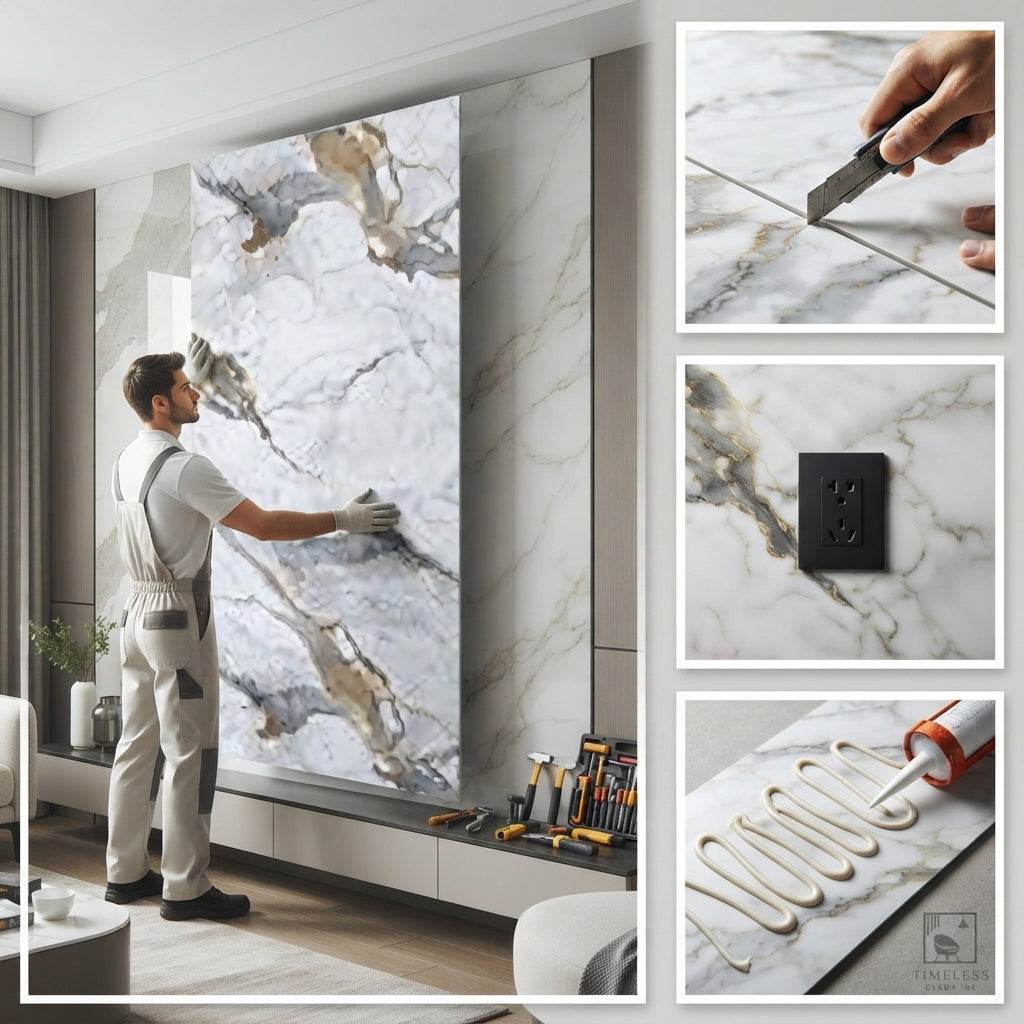 White Breccia Charcoal & Gold UV Marble Sheet (4ft x 9ft)