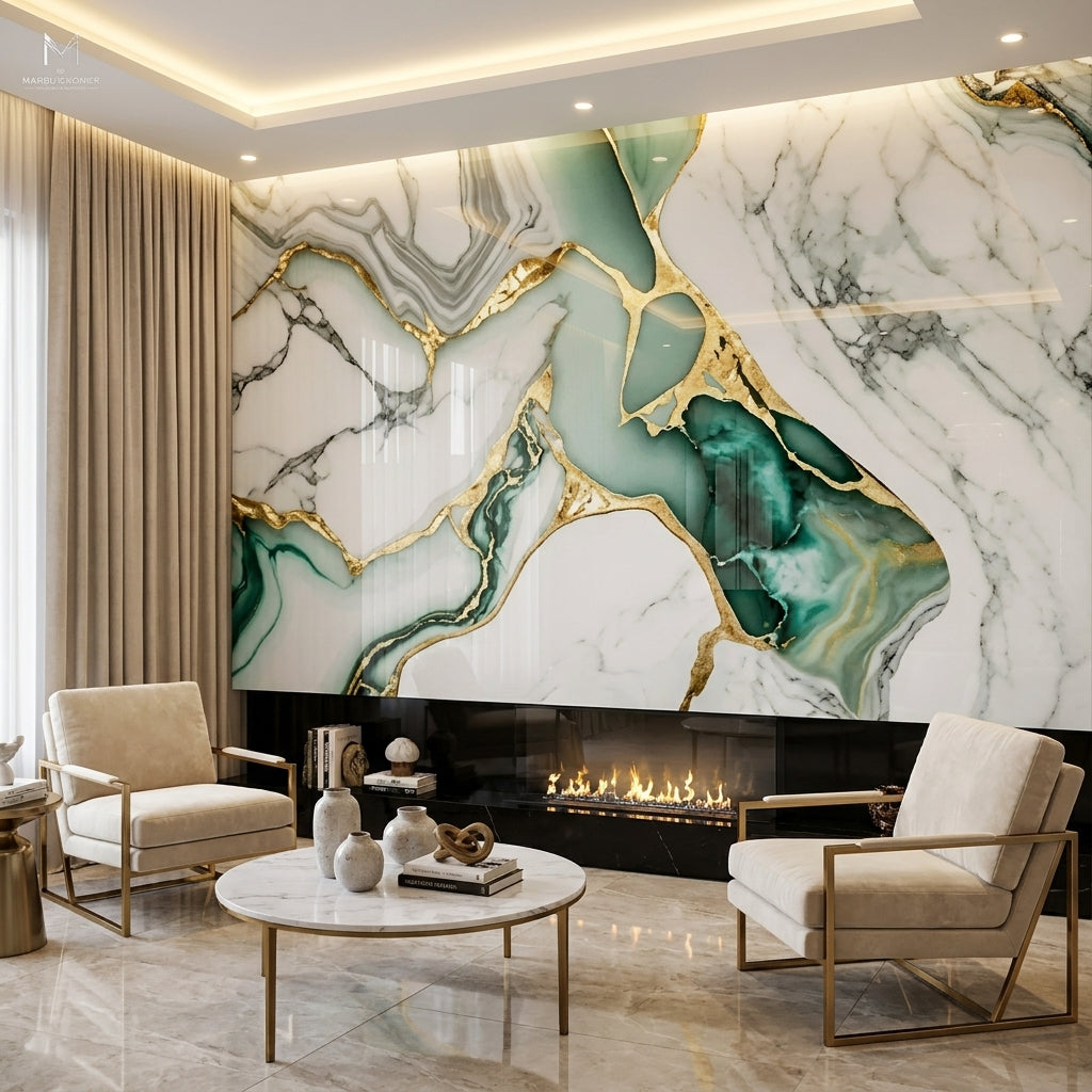 Luxury Emerald Green & Gold UV Marble Sheet – 4' x 9'