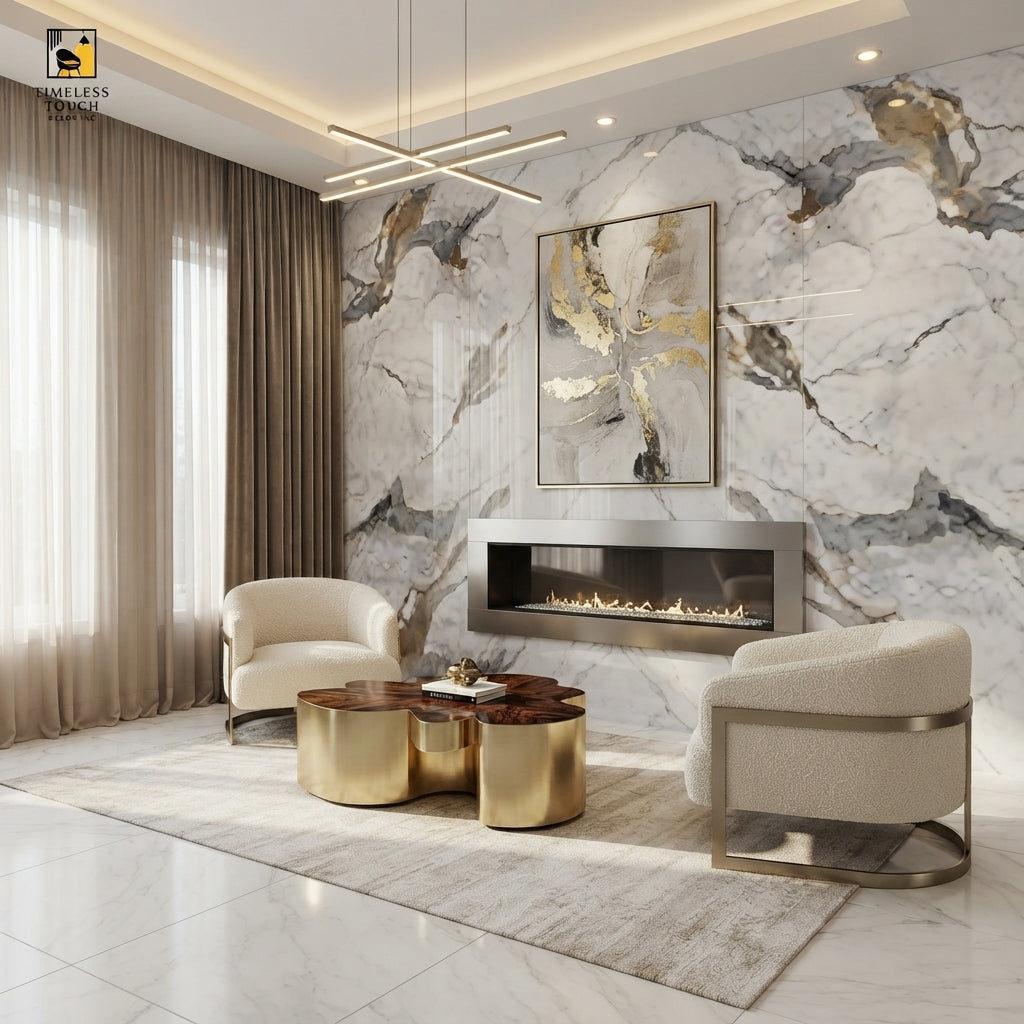 White Breccia Charcoal & Gold UV Marble Sheet (4ft x 9ft)