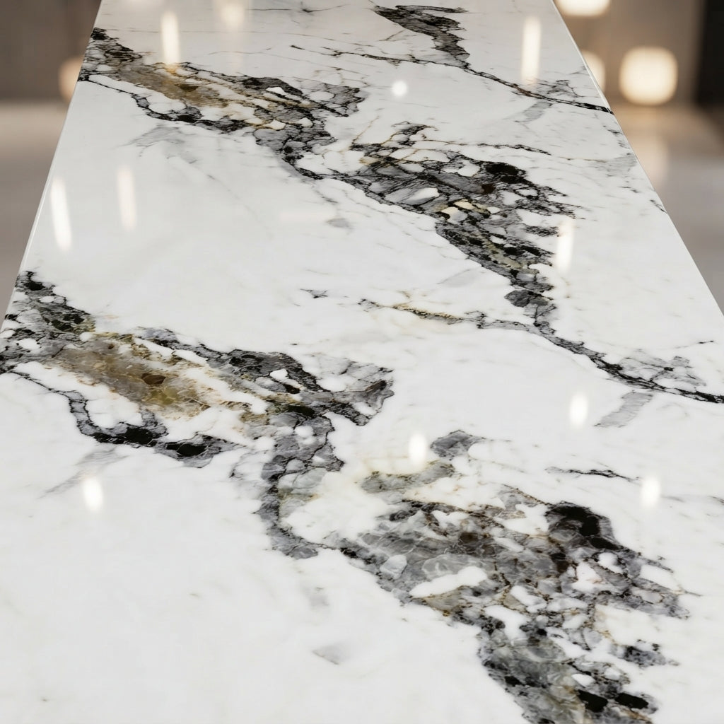 White Breccia Charcoal & Gold UV Marble Sheet (4ft x 9ft)