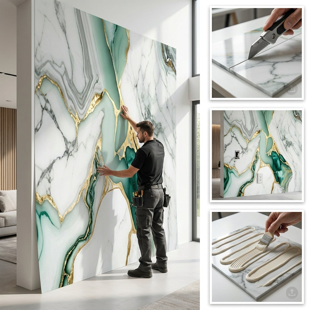 Luxury Emerald Green & Gold UV Marble Sheet – 4' x 9'