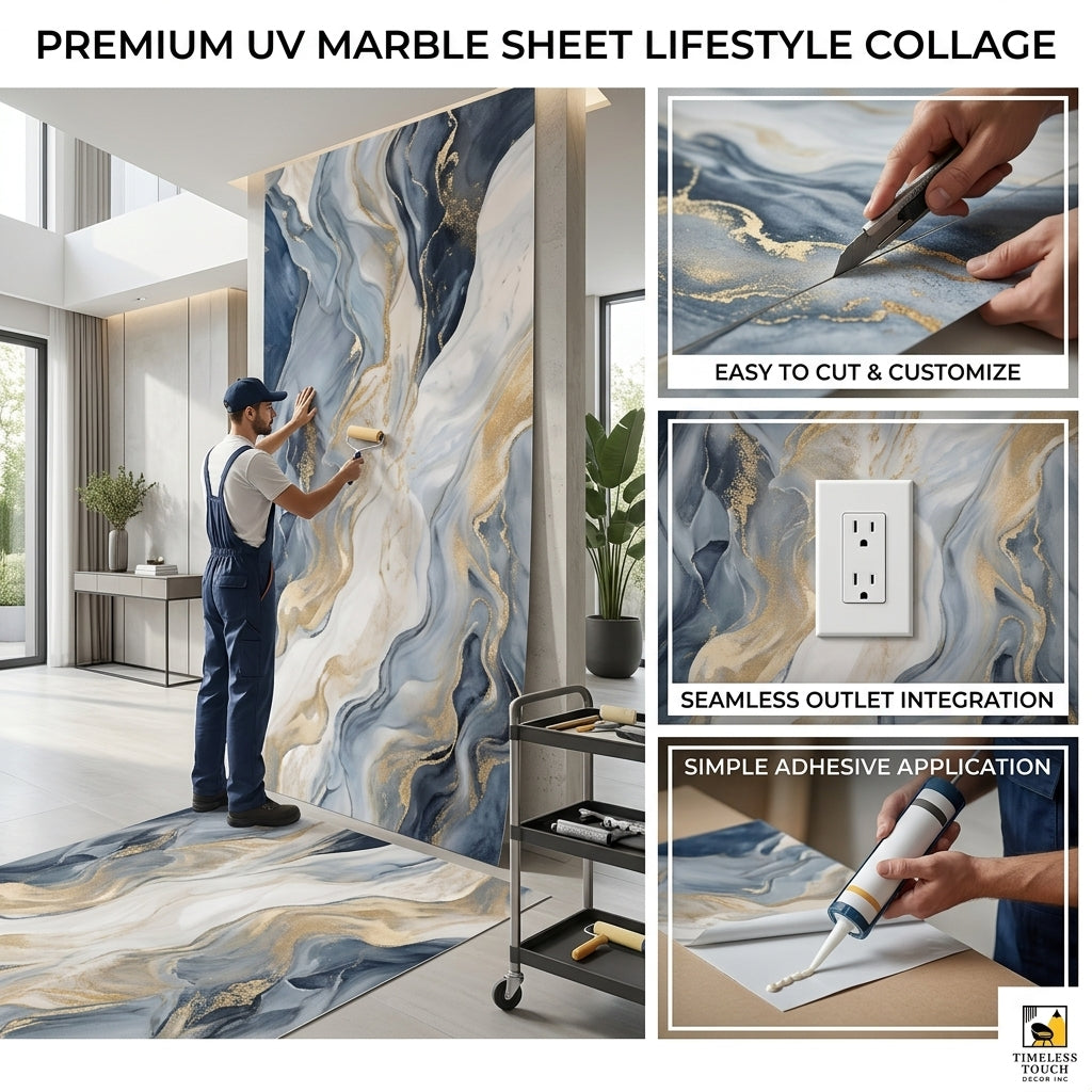 Luxury Blue & Gold UV Marble Sheet (9ft x 4ft)