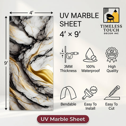 Gold Wave & Black Veined UV Marble Sheet (9ft x 4ft)