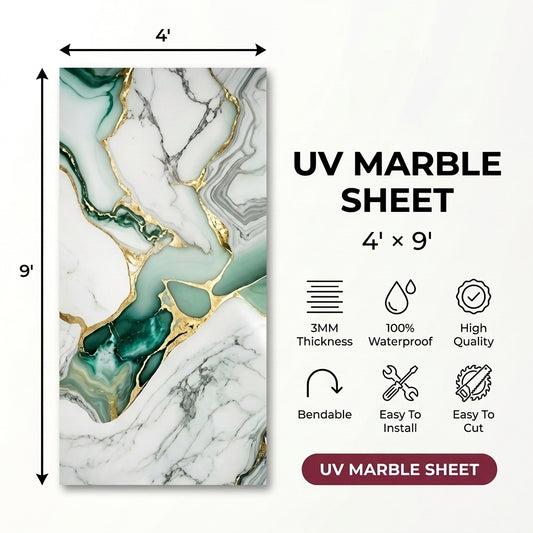 Luxury Emerald Green & Gold UV Marble Sheet – 4' x 9'