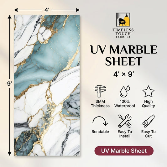 Timeless Touch UV Marble Sheet – 4' x 9' Turquoise Calacatta Gold