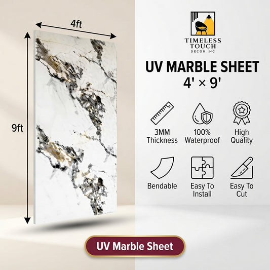 White Breccia Charcoal & Gold UV Marble Sheet (4ft x 9ft)
