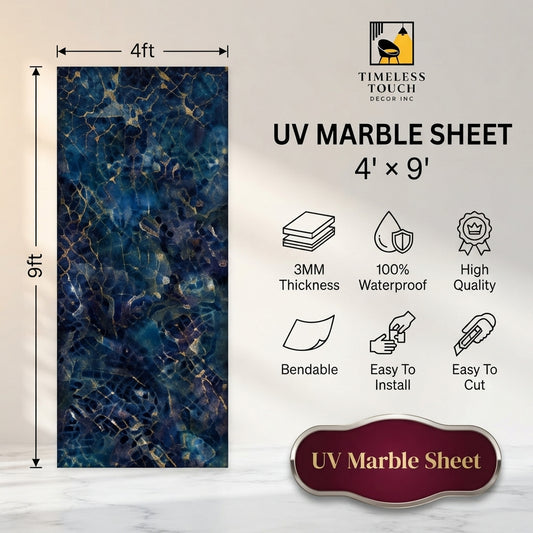 Royal Blue & Gold Webbed UV Marble Sheet (9ft x 4ft)