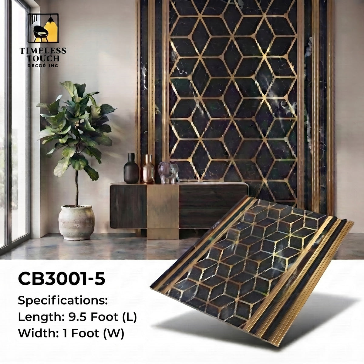 (Black Marble with Gold Geometric Inlay)