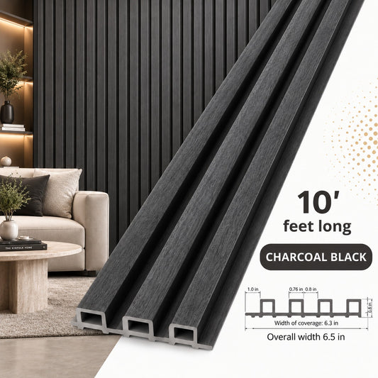 3D Fluted Wall Panel - Deep Charcoal Black Faux Wood Grain (Vertical Slats)