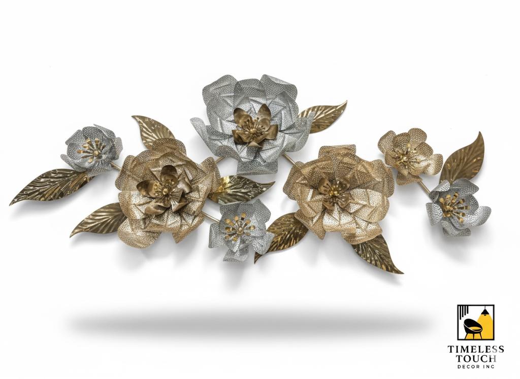 3D Gold and Silver Metallic Floral Wall Sculpture